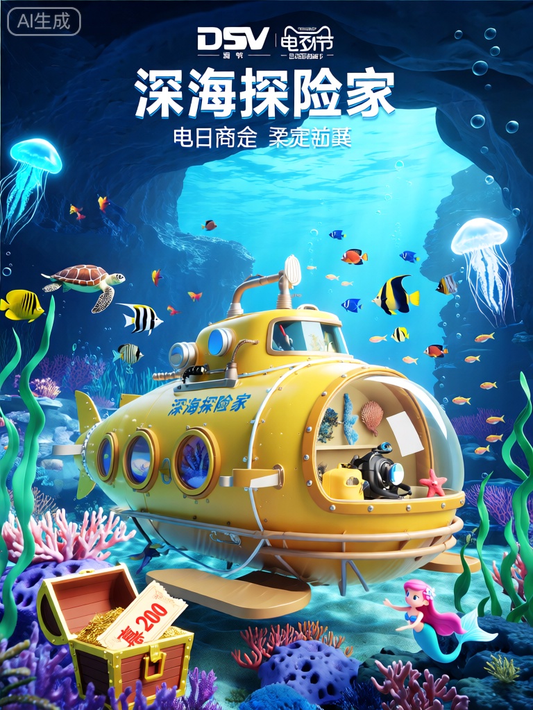 DSKV,该图像是一个创意十足的电商节日广告,具有海底世界主题。在前景中,一辆黄色的潜水艇在五彩斑斓的珊瑚礁中穿梭。潜水艇的舱门上写着“深海探险家”。潜水艇内装有潜水装备、海洋生物标本和窗边的海星玩偶。在背景中,有各种各样的热带鱼、海龟和神秘的海底洞穴,还有发光的水母在游动。海草在水中摇曳,海底有一个巨大的优惠券宝藏箱和一个小型美人鱼。整体风格既奇幻又美丽,具有3D卡通设计。
