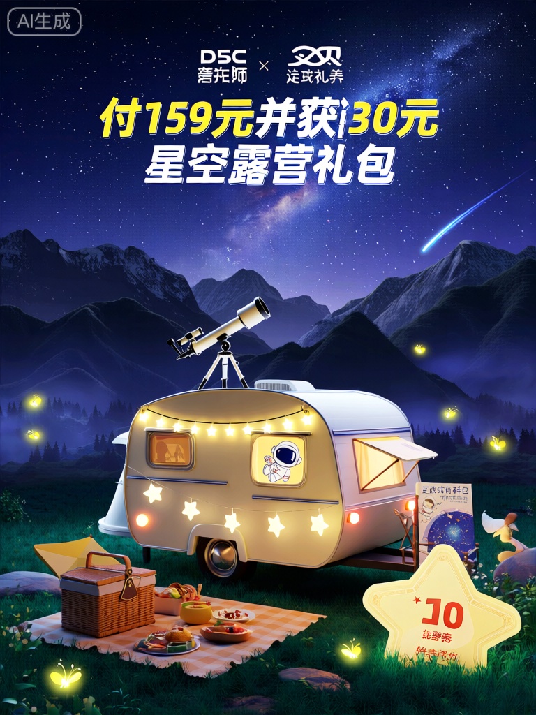 DSKV,该图像是一个极具梦幻色彩的广告,具有星空露营主题。一辆迷你的露营小拖车停在静谧的山谷中。拖车顶部架着一个小型天文望远镜,车身侧面挂着星星形状的灯串,车窗上贴着可爱的太空人贴纸。拖车旁边放着野餐篮,里面有各种美食和一本星座科普书。在背景中,有连绵起伏的山峦,夜空中繁星闪烁,银河清晰可见,偶尔还有流星划过。几只发光的萤火虫在周围飞舞,草地上有一个巨大的星星形状的优惠券模型。在图像的顶部,中文中有大型大胆的文字,翻译为“付159元并获得30元的星空露营礼包”。整体风格既浪漫又神秘,具有3D卡通设计。
