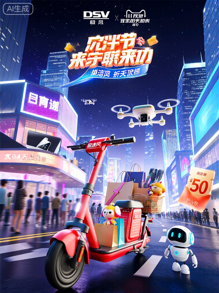 DSKV,该图像是一个热烈的节日促销广告,具有城市夜景主题。在前景中,一辆红色的电动滑板车穿梭在繁华的街道上。滑板车的把手上挂着“极速风”的标志。滑板车上载有各种购物袋,包括时尚服饰、电子产品和车篮里的卡通玩偶。在背景中,有高楼大厦、霓虹灯和璀璨的星空,街道上人群熙熙攘攘。无人机在空中盘旋,展示着促销信息,街道旁有一个巨大的折扣券模型和一个小型机器人。整体风格既现代又充满活力,具有3D卡通设计。
