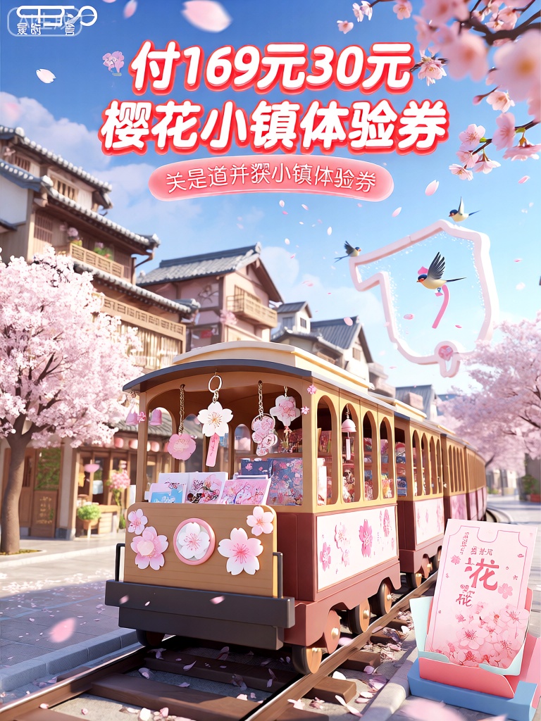 DSKV,该图像是一个温馨浪漫的广告,具有樱花小镇主题。一辆装饰着樱花花瓣的观光小火车在樱花树下缓缓穿行。小火车的车厢里摆放着樱花主题的纪念品,有樱花钥匙链、樱花明信片,还有挂在车窗上的樱花风铃。车身上贴着粉色的樱花贴纸。在背景中,有盛开的樱花树,古色古香的建筑,天空中飘着纷纷扬扬的樱花花瓣。几只小鸟在枝头欢唱,小镇的街道上有一个巨大的樱花形状的优惠券模型。在图像的顶部,中文中有大型大胆的文字,翻译为“付169元并获得30元的樱花小镇体验券”。整体风格既浪漫又温馨,具有3D卡通设计。
