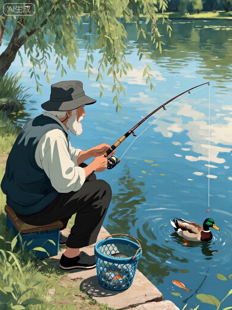 JBL,画面中展现了一位老人在宁静的湖边垂钓。他戴着一顶深灰色的渔夫帽,帽檐压得很低,遮住了大半张脸,只露出花白的胡须。他穿着一件宽松的白色衬衫,外面套着一件深蓝色的背心,下身是一条黑色的长裤和一双黑色的布鞋。他的身旁放着一个绿色的鱼篓,里面已经有几条小鱼在游动。一只黑色的鸭子在湖面上悠闲地游弋,时不时地把头扎进水里觅食。湖边的垂柳依依,柳枝随风轻轻摇曳,湖面上波光粼粼,倒映着蓝天和白云。整个场景弥漫着一种静谧而祥和的氛围,让人感受到岁月的宁静与美好。
