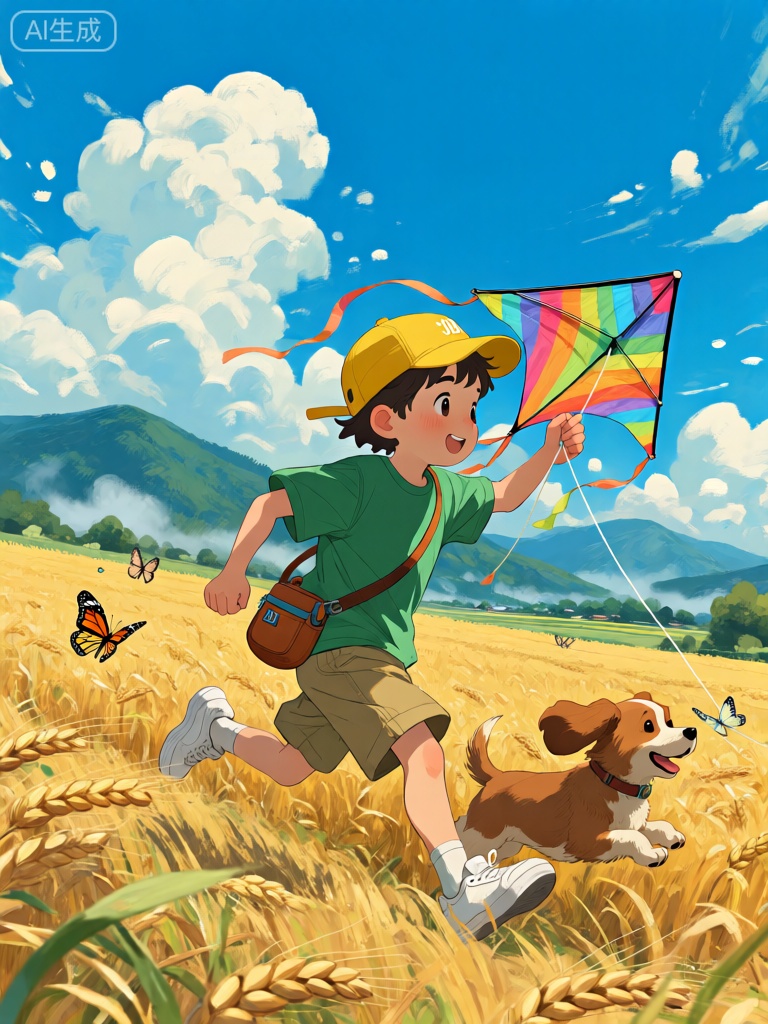 JBL,该图像刻画了一个小男孩在金黄的麦田里奔跑,他手中紧紧握着一只彩色的风筝。他头戴一顶黄色的棒球帽,帽檐微微上翘,身穿一件绿色的T恤,搭配着卡其色的短裤和白色的运动鞋。他的腰间还挂着一个棕色的小水壶。一只棕色的小狗在他身旁欢快地跳跃,时不时地用鼻子去嗅那随风飘动的风筝线。麦田里偶尔有几只蝴蝶翩翩起舞,远处是连绵起伏的青山,山顶上缭绕着淡淡的云雾。天空湛蓝如宝石,几朵洁白的云朵悠悠地飘荡着,整个场景充满了生机与活力,仿佛在诉说着一段无忧无虑的童年时光。
