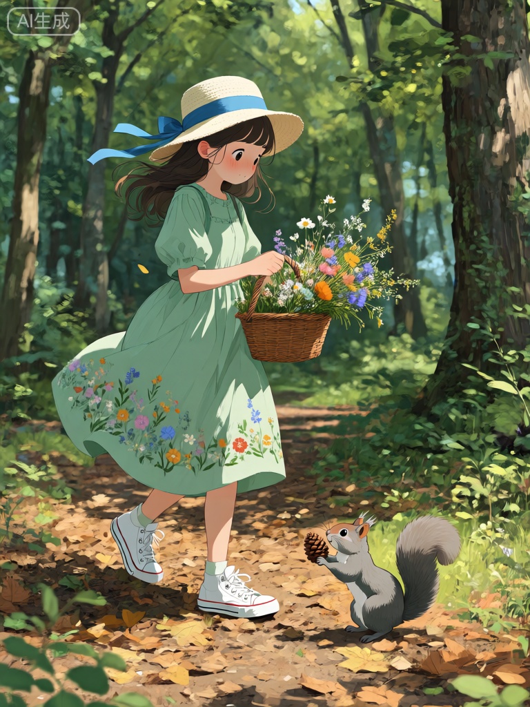 JBL,这幅图像描绘了一个年轻的女孩在森林中采摘野花。她戴着一顶白色的草帽,帽檐上系着一条蓝色的丝带,随风轻轻飘动。她穿着一件淡绿色的连衣裙,裙摆上绣着各种颜色的小花,脚上是一双白色的帆布鞋。她的手中拿着一个小篮子,里面已经装满了各种颜色的野花。一只灰色的小松鼠在她的脚边跳来跳去,时不时地用爪子抓起一颗松果。森林里树木茂盛,阳光透过树叶的缝隙洒在地上,形成一片片光斑。地上铺满了厚厚的落叶,踩上去发出沙沙的声响。整个场景充满了自然与清新的气息,让人感受到大自然的魅力。
