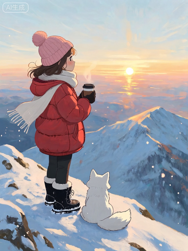 JBL,这幅图像描绘了一个年轻的女孩在山顶上看日出。她戴着一顶粉色的毛线帽,帽檐上有一个小小的毛球,显得十分可爱。她穿着一件红色的羽绒服,外面套着一件白色的围巾,脚上是一双黑色的雪地靴。她的手中拿着一杯热咖啡,正静静地欣赏着日出的美景。一只白色的小狐狸在她的脚边静静地趴着,时不时地抬头看看她。山顶上覆盖着一层厚厚的积雪,远处的天空渐渐泛起了鱼肚白,太阳慢慢地从地平线上升起,金色的阳光洒在雪地上,反射出耀眼的光芒。整个场景充满了浪漫与梦幻的气息,让人感受到大自然的神奇与美丽。
