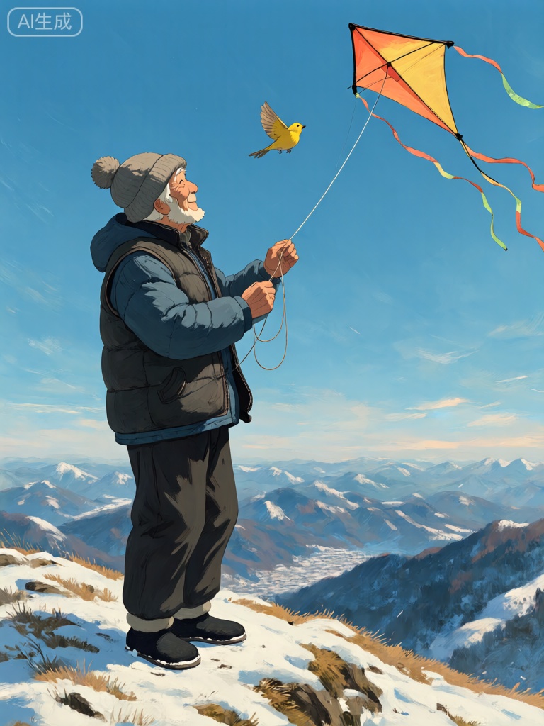 JBL,图像里呈现了一个老人在山顶上放风筝。他戴着一顶灰色的毛线帽,帽檐上有一个小小的毛球,显得十分温暖。他穿着一件深蓝色的棉袄,外面套着一件黑色的马甲,下身是一条黑色的棉裤和一双黑色的棉鞋。他的手中握着风筝线,眼睛紧紧地盯着天空中的风筝。一只黄色的小鸟在他的身旁飞翔,时不时地发出清脆的叫声。山顶上覆盖着一层薄薄的积雪,远处的山峦连绵起伏,被白雪覆盖着,宛如一幅美丽的画卷。天空湛蓝,阳光明媚,整个场景充满了宁静与祥和的氛围。
