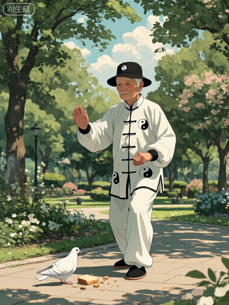 JBL,图像里呈现了一个老人在公园里打太极。他戴着一顶黑色的太极帽,帽檐上有一个小小的太极图案。他穿着一件白色的太极服,衣服上绣着黑色的太极图案,脚上是一双黑色的布鞋。他的动作缓慢而流畅,仿佛与周围的环境融为一体。一只白色的小鸽子在他的脚边悠闲地踱步,时不时地啄食着地上的面包屑。公园里的树木郁郁葱葱,花草繁茂,空气中弥漫着淡淡的花香。天空中飘着几朵淡淡的云彩,阳光透过树叶的缝隙洒在地上,形成一片片光影。整个场景充满了宁静与和谐的氛围,让人感受到身心的放松。
