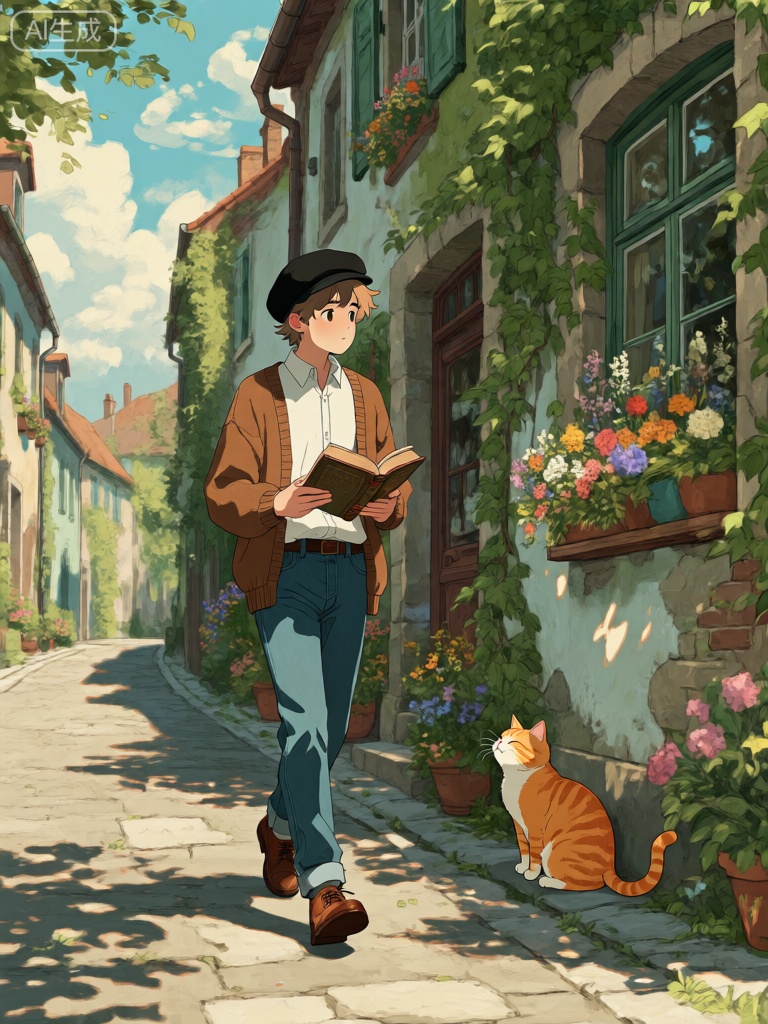 JBL,这幅图像描绘了一个年轻人在古老的小镇街道上漫步。他戴着一顶黑色的贝雷帽,帽檐微微倾斜,增添了几分文艺气息。他穿着一件白色的衬衫,外面套着一件棕色的针织开衫,下身是一条蓝色的牛仔裤和一双棕色的皮鞋。他的手中拿着一本旧书,似乎在寻找着什么。街道两旁是古朴的建筑,墙壁上爬满了绿色的藤蔓,窗户上摆放着各种颜色的鲜花。一只橘色的猫咪在墙角悠闲地晒着太阳,时不时地伸个懒腰。天空中飘着几朵淡淡的云彩,阳光透过树叶的缝隙洒在街道上,形成一片片斑驳的光影。整个场景充满了怀旧与温馨的感觉,让人仿佛回到了过去的时光。
