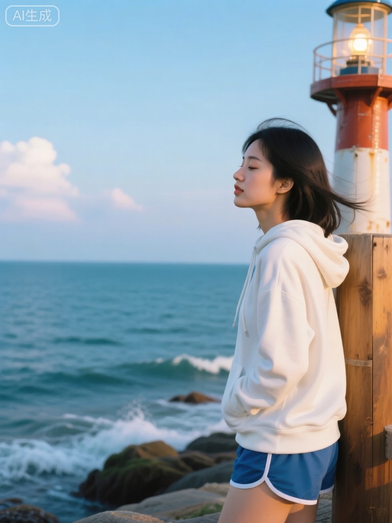 JPG,画面聚焦于一位穿着白色连帽卫衣和蓝色短裤的年轻女子特写。她有着一头黑色的直发,自然地垂在背后,她微微侧头,双眼轻闭,感受着海边清晨的清新海风。她靠在一根木质的灯塔柱上,灯塔的灯光在远处闪烁。背景是广阔无垠的大海,海浪轻轻拍打着岸边的礁石,天空呈现出淡蓝色,飘着几朵洁白的云朵。光线柔和而明亮,带着胶片的清新感,形成淡淡的阴影,突出了女子发丝和衣物的质感。整个场景充满了活力与希望的胶片氛围,让人感受到新一天的美好开始。

