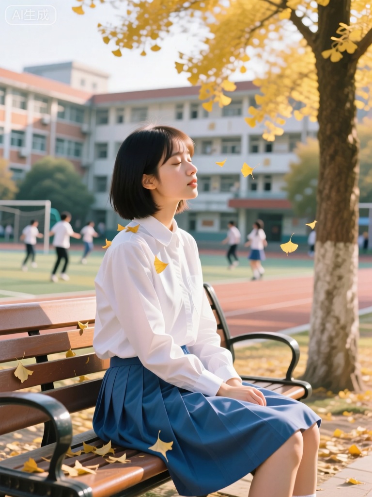 JPG,画面聚焦于一位身着白色校服衬衫和蓝色百褶裙的年轻女子特写。她有着一头黑色的齐耳短发,安静地坐在校园的长椅上,双眼轻闭,回忆着校园秋日的美好时光。长椅旁是一棵金黄的银杏树,树叶纷纷飘落,落在她的肩头和脚边。背景是校园的教学楼和操场,同学们在操场上嬉笑玩耍。光线柔和而明亮,带着胶片的清新感,形成淡淡的阴影,突出了女子发丝和校服的纹理。整个场景充满了青春与纯真的胶片氛围,让人感受到校园生活的美好与难忘。

