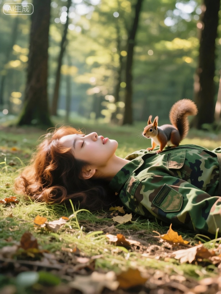 JPG,图像呈现了一位身着绿色迷彩服的年轻女子特写。她有着一头棕色的卷发,随意地散落在地上,她仰面躺在森林的草地上,双眼轻闭,享受着森林午后的宁静。周围是高大的树木,阳光透过树叶的缝隙洒下,形成一片片光斑。地上铺满了厚厚的落叶,散发着淡淡的清香。一只小松鼠从她身边跑过,好奇地看了她一眼。胶片滤镜下,光线变得柔和而温暖,投射出长长的阴影,突出了女子发丝和迷彩服的纹理。整个场景充满了自然与和谐的胶片氛围,让人感受到森林的生机与宁静。

