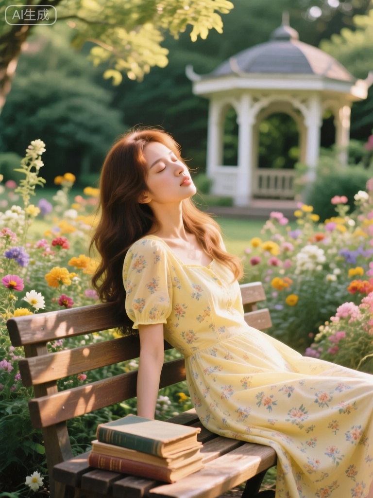 JPG,图像聚焦于一位身着淡黄色碎花裙的年轻女子特写。她有着一头柔顺的棕色长发,自然地铺散在身下,双眼轻闭,似在享受花园午后惬意的时光。她靠在一个古朴的木质长椅上,长椅上还放着几本旧书。背景是繁花似锦的花园,五颜六色的花朵竞相开放,在微风中轻轻摇曳。远处有一座白色的欧式小亭子,被绿植环绕。光线透过树叶的缝隙洒下,带着胶片特有的暖黄调,形成一片片光影斑驳,凸显出女子发丝和裙摆的细腻质感。整个场景弥漫着宁静而美好的胶片氛围,仿佛时间都在此刻静止。
