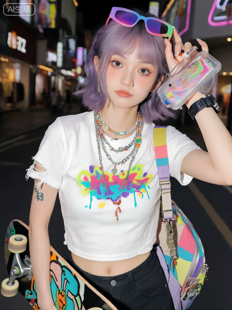 RXXZ,一位年轻女孩穿着一件白色的露脐短袖T恤在户外。T恤上有彩色的涂鸦图案,左侧有一个破洞设计。她的紫色短发造型前卫,戴着一副彩色的渐变太阳镜,镜片从紫色过渡到粉色。她的脖子上戴着多条不同材质和颜色的项链,有银色的链条、彩色的珠子等,层层叠叠。她的右手拿着一个时尚的滑板,滑板上有独特的图案设计,左手拿着一个手机,手机壳是透明的,里面装着一些彩色的小卡片。她的左手腕上戴着一块黑色的电子手表,右肩上背着一个彩色的拼接单肩包,包上有金属的拉链和装饰。背景是一条繁华的商业街,周围有各种时尚的店铺和闪烁的霓虹灯,充满了时尚街头的气息。


