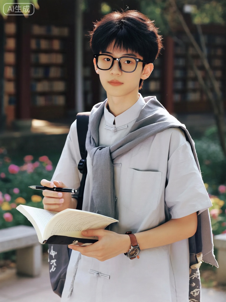 RXXZ,一个年轻男孩穿着一件浅灰色的中式立领短袖衬衫在户外。衬衫的材质是棉质的,左侧有一个隐形的口袋。他的黑色短发整齐地梳向一边,戴着一副黑色的半框眼镜,镜片后透露出温和的目光。他的脖子上挂着一条灰色的围巾,围巾的一角垂在胸前。他的右手拿着一本翻开的书,书页上是密密麻麻的文字,左手拿着一支黑色的钢笔,钢笔的笔帽上有银色的装饰。他的左手腕上戴着一块棕色的皮质手表,右肩上背着一个深灰色的帆布包,包上有白色的书法字体图案。背景是一片安静的图书馆外的小花园,有盛开的花朵和石凳,阳光透过树叶的缝隙洒下,营造出一种宁静而文艺的氛围。

