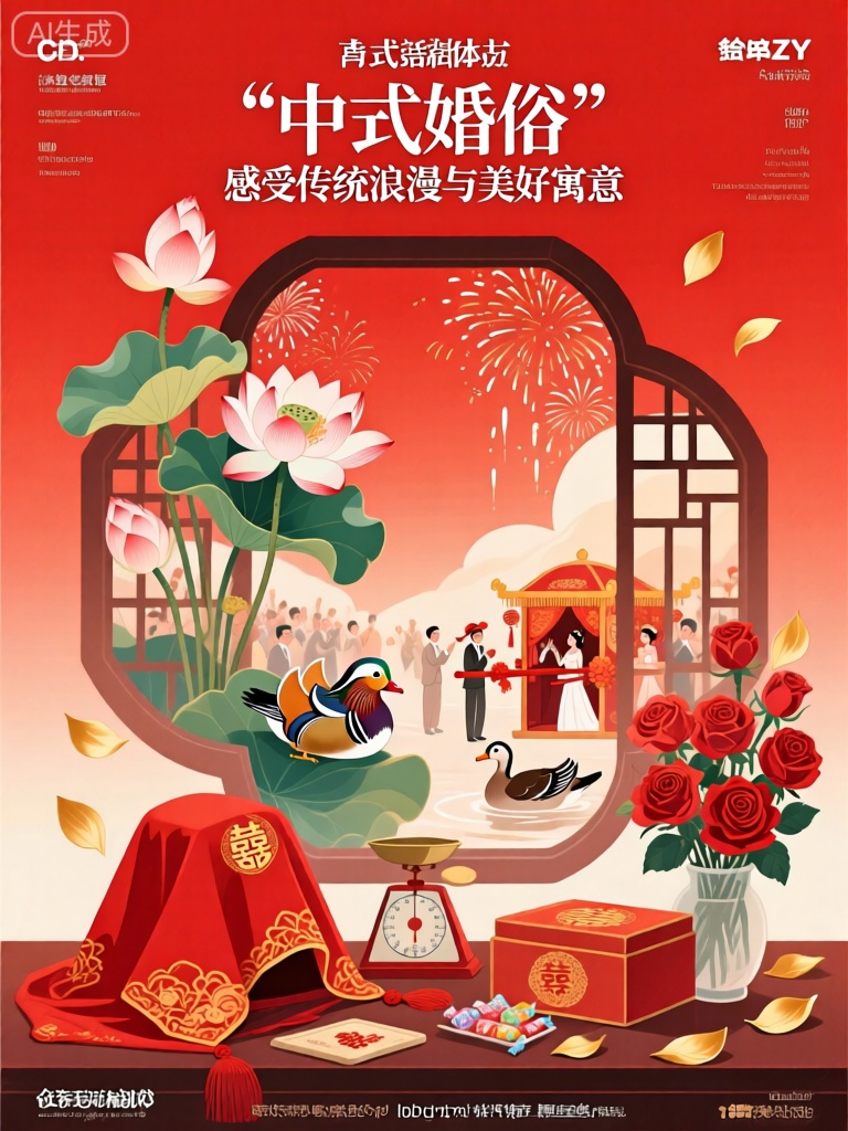 ZSCY,该图像是标题为“中式婚俗”文化体验活动的宣传海报,该活动被定义为“感受传统浪漫与美好寓意”。背景是喜庆的大红色渐变,彰显出热烈而欢快的氛围。在顶部中心,有一株盛开的并蒂莲,花丛中有一对鸳鸯在嬉戏。鸳鸯下方,是一个大气的双喜字窗,这是中式婚礼中常见的吉祥元素。窗内呈现出一幅热闹的婚礼场景,有花轿、迎亲队伍,新郎新娘拜堂的画面以及天空中绽放的烟花。前景中,摆放着一些中式婚礼用品,如红盖头、喜秤、喜糖盒,还有几束红色的玫瑰和几片金色的花瓣。整体设计结合了传统中式元素,如双喜字窗、并蒂莲、鸳鸯与中式婚礼用品,都以现代喜庆的插画风格呈现。
