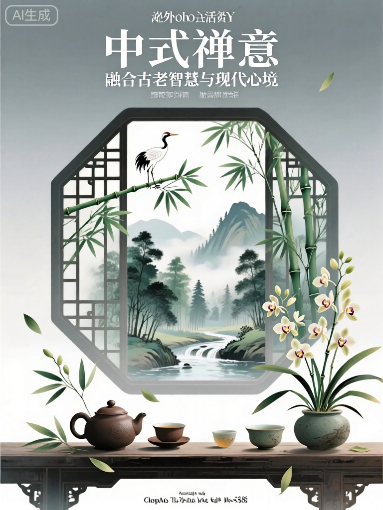 ZSCY,此海报是标题为“中式禅意”主题活动的宣传图,该活动被描述为“融合古老智慧与现代心境”。背景是淡雅的浅灰色渐变,营造出宁静祥和的氛围。在顶部中央,有一枝翠绿的竹子,上面栖息着一只禅意十足的仙鹤。仙鹤下方,是一个古朴的方形格栅窗,这是中式建筑中常见的装饰元素。窗内展现了一幅清幽的山林景象,有潺潺的溪流,茂密的树林,远处的高山以及山顶上缭绕的云雾。前景中,放置着几个古朴的茶具,有茶壶、茶杯,还有几片飘落的竹叶和几朵淡雅的兰花。整体设计融合了传统中式元素,如格栅窗、竹子、仙鹤与茶具,皆以现代写意的绘画风格呈现。
