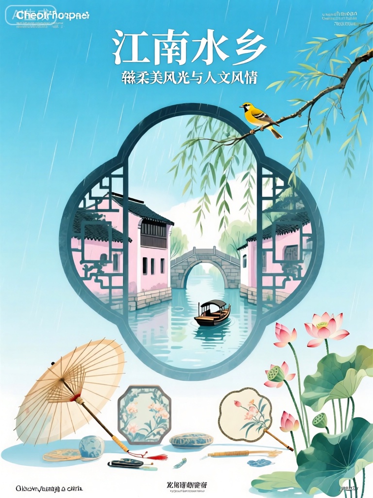 ZSCY,此海报是标题为“江南水乡”旅游推广海报,该推广被描述为“领略柔美风光与人文风情”。背景是清新的浅蓝色渐变,给人清爽宜人的感觉。在顶部中央,有一枝垂柳,柳枝上停着一只黄鹂。黄鹂下方,是一个精致的菱形花窗,这是江南水乡建筑中常见的特色。窗内展现了一幅江南水乡的画面,有悠悠的小船,古朴的石桥,两岸的粉墙黛瓦以及天空中飘着的细雨。前景中,摆放着一些江南特色的物品,如油纸伞、团扇,还有几枝娇艳的荷花和几片荷叶。整体设计融合了传统中式元素,如花窗、垂柳、黄鹂与江南物品,皆以现代清新的水彩风格呈现。

