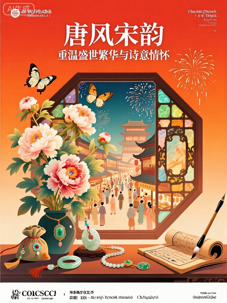 ZSCY,该图像是标题为“唐风宋韵”文化活动的宣传海报,该活动被定义为“重温盛世繁华与诗意情怀”。背景是绚丽的橙红色渐变,彰显出热烈而华丽的氛围。在顶部中心,有一株盛开的牡丹,花丛中飞舞着一只蝴蝶。蝴蝶下方,是一个华丽的八角形琉璃窗,具有唐代建筑的华丽风格。窗内呈现出一幅繁华的市井画面,有热闹的街市,熙熙攘攘的人群,远处的楼阁以及天空中绽放的烟花。前景中,摆放着一些唐代风格的饰品,如玉佩、香囊,还有几卷古朴的书卷和一支毛笔。整体设计结合了传统中式元素,如琉璃窗、牡丹、蝴蝶与唐代饰品,都以现代绚丽的插画风格呈现。
