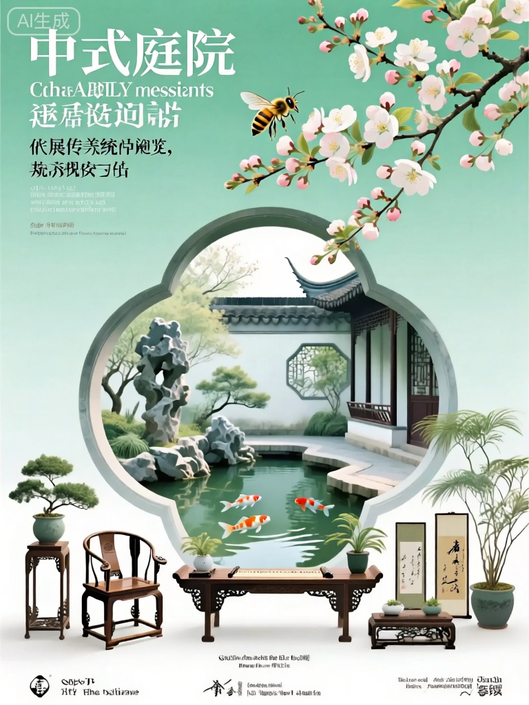 ZSCY,该图像是标题为“中式庭院”家居设计展的宣传海报,该展览被阐述为“展现传统美学与现代生活”。背景是柔和的淡绿色渐变,营造出自然舒适的氛围。在顶部中心,有一株盛开的海棠,花丛中有一只蜜蜂在忙碌。蜜蜂下方,是一个大气的月洞门,这是中式庭院中经典的造景元素。月洞门内呈现出一幅宁静的庭院景象,有曲折的回廊,精致的假山,清澈的池塘以及池塘中的锦鲤。前景中,摆放着一些中式风格的家具,如太师椅、条案,还有几盆绿植和几幅书法作品。整体设计结合了传统中式元素,如月洞门、海棠、蜜蜂与中式家具,都以现代简约的摄影风格呈现。
