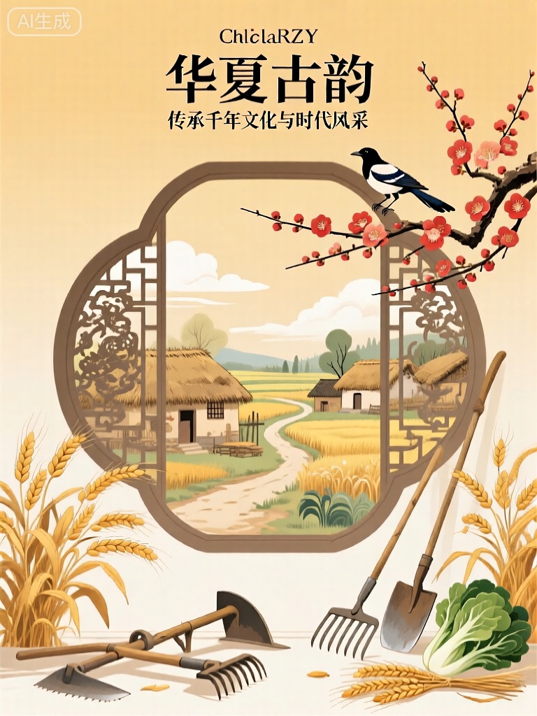 ZSCY,该图像是标题为“华夏古韵”展览的推广海报,该展览被阐述为“传承千年文化与时代风采”。背景是柔和的米黄色渐变,给人温暖而古朴的感觉。在顶部中心位置,有一株盛开的红梅,枝头停着一只喜鹊。喜鹊下方,是一个大气的圆形雕花窗,具有浓厚的中式传统韵味。窗内呈现出一幅古朴的乡村画面,有错落有致的茅草屋,蜿蜒的小路,远处的田野以及天空中飘着的几朵白云。前景中,摆放着一些传统的中式农具,如犁、耙,还有几束金黄的麦穗和几株翠绿的蔬菜。整体设计结合了传统中式元素,如雕花窗、红梅、喜鹊与农具,都以现代清新的手绘风格呈现。
