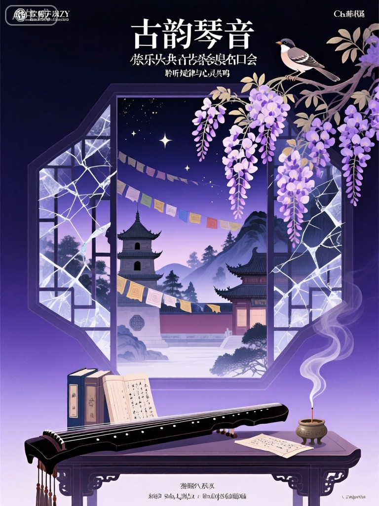 ZSCY,此海报是标题为“古韵琴音”音乐会的宣传图,该音乐会被描述为“聆听古典旋律与心灵共鸣”。背景是神秘的深紫色渐变,营造出高雅而神秘的氛围。在顶部中央,有一株盛开的紫藤,花丛中有一只夜莺在歌唱。夜莺下方,是一个精美的冰裂纹窗,具有宋代瓷器的独特美感。窗内展现了一幅静谧的古寺画面,有古老的钟楼,飘扬的经幡,远处的山林以及天空中闪烁的星星。前景中,摆放着一架古琴,琴旁有几本琴谱和一支香炉,袅袅青烟升起。整体设计融合了传统中式元素,如冰裂纹窗、紫藤、夜莺与古琴,皆以现代梦幻的插画风格呈现。
