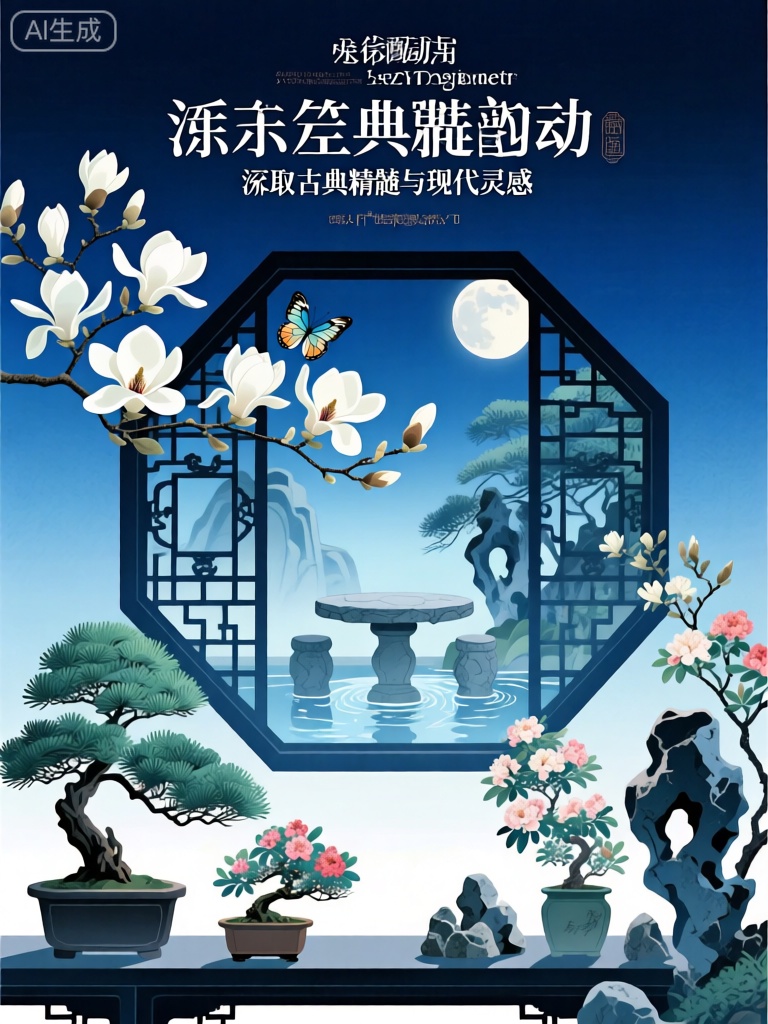 ZSCY,此图像是标题为“东方雅韵”活动的宣传海报,该活动被定义为“汲取古典精髓与现代灵感”。背景是深邃的靛蓝色渐变,营造出神秘而宁静的氛围。在顶部中央,有一枝盛开的白玉兰,其上停歇着一只彩蝶。在彩蝶下方,是一个精致的六边形镂空窗棂,这是中式园林建筑的经典元素。窗棂内部,展现了一幅静谧的庭院景象,有古朴的石桌石凳,潺潺的流水,远处若隐若现的假山以及一轮皎洁的明月。前景中,摆放着几盆形态各异的盆景,有翠绿的松柏,娇艳的杜鹃,还有几块小巧的奇石。整体设计融合了传统中式元素,如窗棂、盆景、玉兰与彩蝶,皆以现代简约的插画风格呈现。
