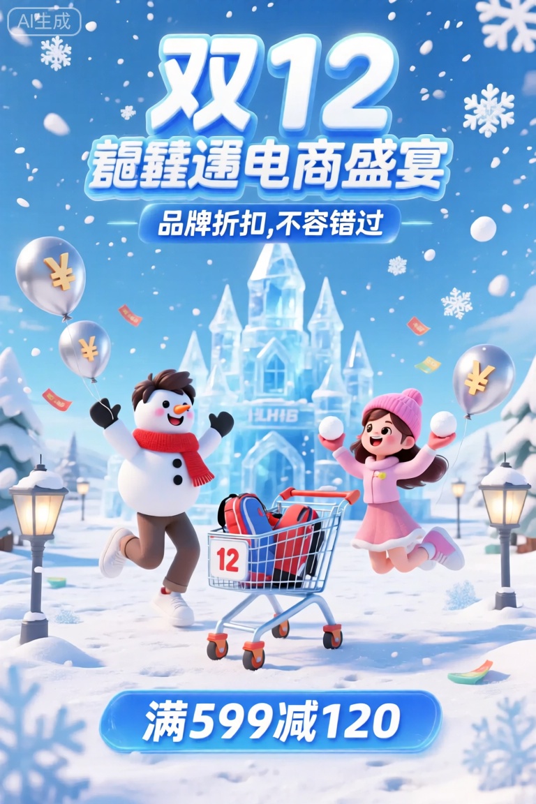 YYHB, 该图像是双十二电商盛宴的生动展现。顶部“双12”大字耀眼,下方小字“品牌折扣,不容错过”。背景是一片冰雪世界,晶莹剔透的冰雕城堡矗立其中,雪花纷纷扬扬飘落。前景中,两个可爱的雪人,一个男雪人和一个女雪人,在雪地上欢快地跳跃。男雪人戴着红色围巾,女雪人戴着粉色帽子,他们脸上洋溢着快乐的笑容,女雪人手中还拿着一个雪球。两人之间是一辆装满运动装备的购物车,购物车上有“12”的标识。周围有飞舞的雪花、带有“¥”符号的银色气球和闪烁的冰灯。底部,一个蓝色横幅上写着“满599减120”,整个场景充满了购物的清凉与兴奋。
