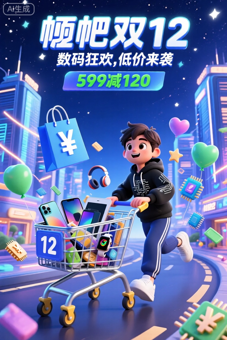 YYHB,该图像是购物活动的充满活力,丰富多彩的广告。在顶部,中文字符的大型大胆文字上写着“双12”,其下面的文字较小,说“数码狂欢,低价来袭”。背景具有深邃、神秘的深蓝色夜空,繁星闪烁,以及带有科技感灯光的高楼大厦组成的科技园区。在前景中,一个动画男孩形象,在科技园区的道路上兴奋地奔跑。他穿着一件黑色连帽卫衣,卫衣上有银色的电路图案,搭配一条深蓝色运动裤和一双白色运动鞋。一个银色的购物车,里面装满了各种数码产品,包括手机、平板电脑、智能手表和耳机等。购物车的数字为“12”。角色和手推车周围是许多五颜六色的元素：带有大银色“¥”符号的蓝色科技感购物袋,带有“¥”符号的蓝色和绿色气球的芯片,心形、星形的电子元件以及闪烁的灯光线条。在主文本的底部,有一个带有绿色文字的蓝色横幅,上面写着“599减120”。整个场景是活跃而充满科技感的,非常重视数码购物和探索新科技的兴奋。


