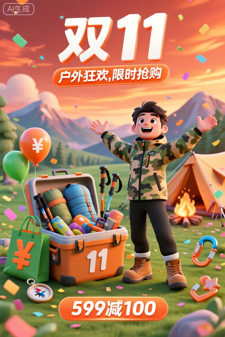 YYHB,该图像是购物活动的充满活力,丰富多彩的广告。在顶部,中文字符的大型大胆文字上写着“双11”,其下面的文字较小,说“户外狂欢,限时抢购”。背景具有壮阔、雄浑的橙红色晚霞天空,远处是连绵的山脉,以及带有篝火的露营基地。在前景中,动画角色是一位充满冒险精神的男士,他站在露营基地前,张开双臂,脸上洋溢着兴奋的笑容。他穿着一件迷彩的户外冲锋衣,搭配黑色户外长裤和一双棕色登山靴。男士的身旁摆放着一个大型的户外装备收纳箱,箱子里装满了各种户外装备,有坚固的帐篷、轻便的睡袋、专业的登山杖等。收纳箱上的数字为“11”。角色和收纳箱周围是许多五颜六色的元素：带有大橙色“¥”符号的绿色户外风购物袋,带有“¥”符号的橙色和绿色气球的指南针,心形、星形的登山扣以及飘落的彩色纸屑。在主文本的底部,有一个带有白色文字的橙色横幅,上面写着“599减100”。整个场景是活跃而充满挑战的,非常重视户外装备购物和探索自然的兴奋。








