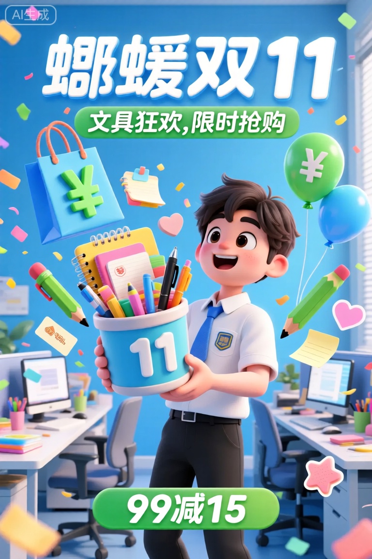 YYHB,该图像是购物活动的充满活力,丰富多彩的广告。在顶部,中文字符的大型大胆文字上写着“双11”,其下面的文字较小,说“文具狂欢,限时抢购”。背景具有整洁、明亮的蓝色办公室场景,书桌整齐摆放,电脑闪烁着屏幕光。在前景中,动画角色是一位年轻的学生,他在办公室（这里可理解为学习空间）里兴奋地挑选文具。他穿着一件白色的校服衬衫,搭配蓝色领带和黑色长裤。学生的手中拿着一个特制的文具收纳桶,桶里装满了各种实用的办公文具,有色彩丰富的笔记本、书写流畅的中性笔、创意十足的便签纸等。收纳桶上的数字为“11”。角色和收纳桶周围是许多五颜六色的元素：带有大绿色“¥”符号的蓝色文具风购物袋,带有“¥”符号的绿色和蓝色气球的铅笔,心形、星形的橡皮贴纸以及飘落的彩色纸屑。在主文本的底部,有一个带有白色文字的绿色横幅,上面写着“99减15”。整个场景是活跃而充满学习氛围的,非常重视办公文具购物和助力学习的兴奋。










