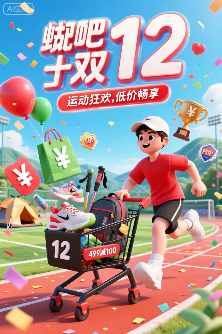 YYHB,该图像是购物活动的充满活力,丰富多彩的广告。在顶部,中文字符的大型大胆文字上写着“双12”,其下面的文字较小,说“运动狂欢,低价畅享”。背景具有广阔、明亮的蓝天,远处是连绵的青山,以及带有运动氛围的户外运动场。在前景中,一个动画运动员形象,在运动场上欢快地奔跑。他穿着一件红色的运动T恤,搭配黑色运动短裤和一双白色运动鞋,头戴一顶白色的运动帽。一个黑色的购物车,里面装满了各种运动户外产品,包括运动鞋、运动背包、帐篷和登山杖等。购物车的数字为“12”。角色和手推车周围是许多五颜六色的元素：带有大红色“¥”符号的绿色运动风购物袋,带有“¥”符号的红色和绿色气球的奖杯,心形、星形的运动徽章以及飘落的彩纸。在主文本的底部,有一个带有白色文字的红色横幅,上面写着“499减100”。整个场景是活跃而充满活力的,非常重视运动购物和享受户外生活的兴奋。




