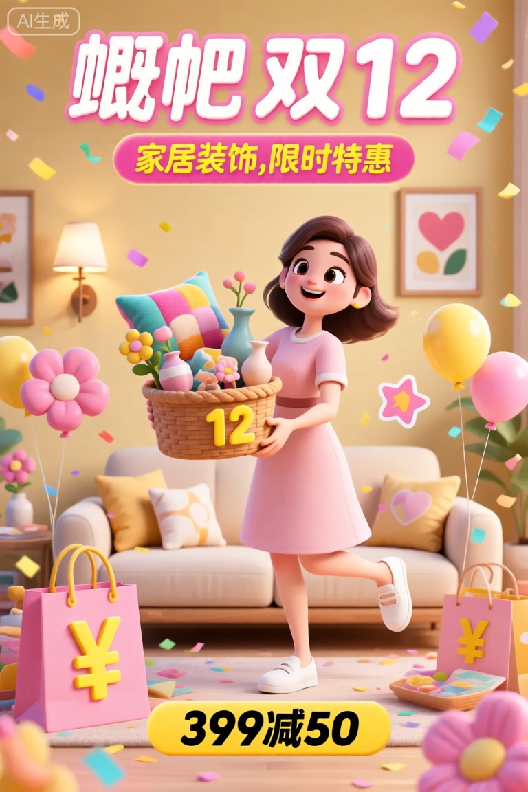 YYHB,该图像是购物活动的充满活力,丰富多彩的广告。在顶部,中文字符的大型大胆文字上写着“双12”,其下面的文字较小,说“家居装饰,限时特惠”。背景具有温馨、典雅的米黄色客厅场景,沙发柔软舒适,灯光柔和温暖。在前景中,动画角色是一位温柔的女士,她在客厅中开心地布置着家居装饰品。她穿着一件淡粉色的连衣裙,搭配一双白色平底鞋。女士的手中拿着一个特制的家居装饰展示篮,篮子里装满了各种精美的家居装饰品,有色彩斑斓的抱枕、造型独特的花瓶、温馨的壁灯等。展示篮上的数字为“12”。角色和展示篮周围是许多五颜六色的元素：带有大黄色“¥”符号的粉色家居风购物袋,带有“¥”符号的黄色和粉色气球的花朵,心形、星形的装饰画贴纸以及飘落的彩色纸屑。在主文本的底部,有一个带有黑色文字的黄色横幅,上面写着“399减50”。整个场景是活跃而温馨的,非常重视家居装饰品购物和打造美好家园的兴奋。












