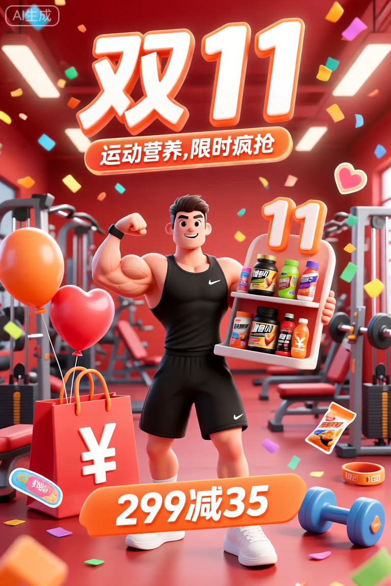 YYHB,该图像是购物活动的充满活力,丰富多彩的广告。在顶部,中文字符的大型大胆文字上写着“双11”,其下面的文字较小,说“运动营养,限时疯抢”。背景具有充满力量感的红色健身房场景,健身器材摆放整齐,灯光耀眼。在前景中,动画角色是一位肌肉发达的健身教练,他在健身房中充满激情地展示自己的肌肉。健身教练穿着一件黑色的运动背心,搭配黑色运动短裤和一双白色运动鞋。健身教练的手中拿着一个特制的运动营养品展示架,架子上摆放着各种运动营养品,有增肌粉、蛋白棒、运动饮料等。展示架上的数字为“11”。角色和展示架周围是许多五颜六色的元素：带有大橙色“¥”符号的红色运动风购物袋,带有“¥”符号的橙色和红色气球的哑铃,心形、星形的运动手环贴纸以及飘落的彩色纸片。在主文本的底部,有一个带有白色文字的橙色横幅,上面写着“299减35”。整个场景是活跃而充满力量的,非常重视运动营养品购物和助力健身的兴奋。

