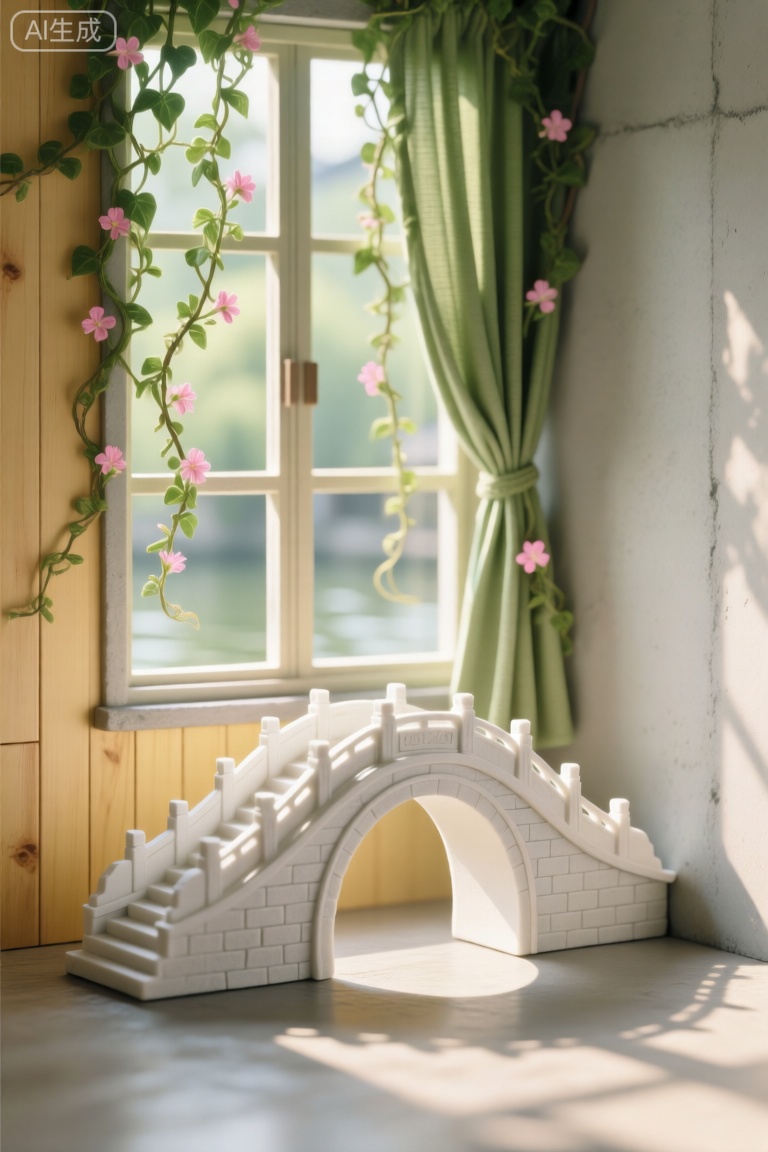 GYMX,画面中是一座白色的石拱桥模型摆放在一扇大窗户前。窗户上挂着绿色的藤蔓窗帘,藤蔓上点缀着粉色的小花。石拱桥模型造型逼真,桥洞呈半圆形。窗户左侧的墙是浅黄色的木质墙板,有着温馨的感觉,右侧的墙壁是浅灰色的水泥墙,简约现代。石拱桥模型和窗框的阴影被印在地面和墙壁上,阳光从左上方洒下,在桥身上形成明亮的光影,营造出一种宁静而优美的氛围,仿佛是一个微缩的江南水乡场景,让人感受到别样的诗意。
