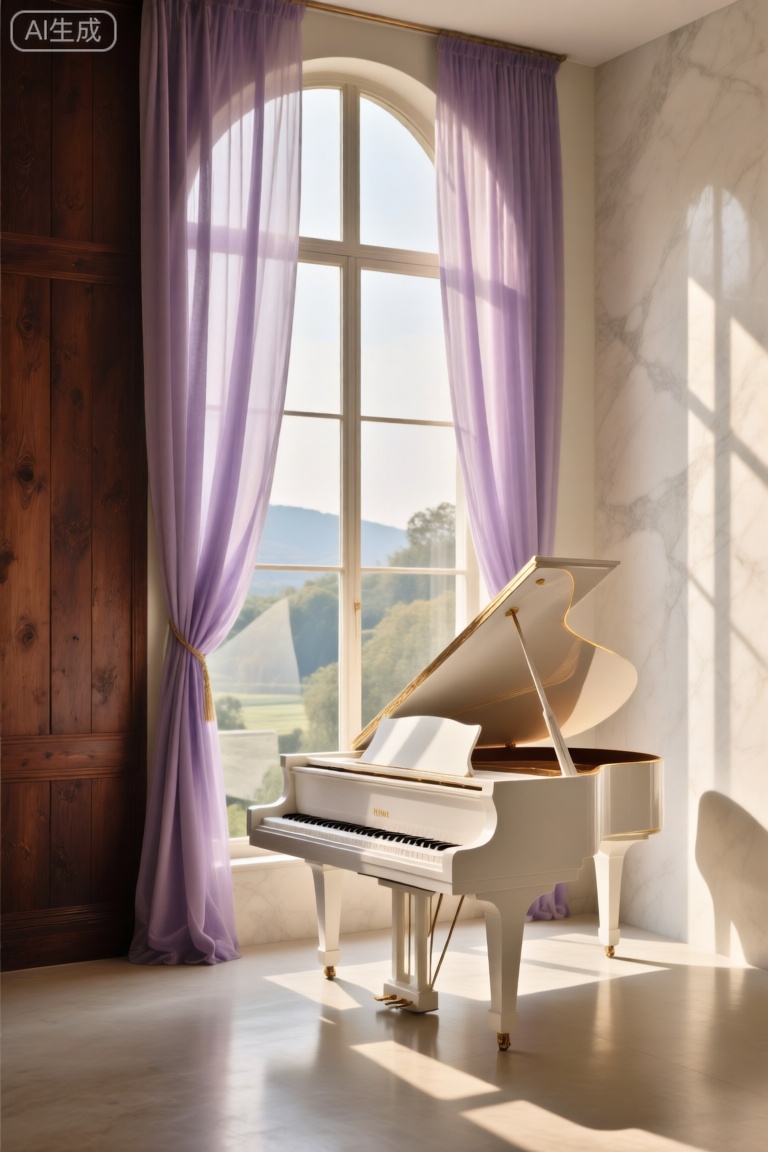 GYMX,图像中是一架白色的三角钢琴静置于巨大的拱形落地窗前。窗户上垂挂着轻柔的淡紫色薄纱窗帘,部分遮挡住窗外如画的风景。钢琴的琴身线条流畅优雅,琴键洁白如雪。窗户左侧的墙是古朴的深棕色木质墙板,有着自然的纹理和岁月的痕迹,右侧的墙壁是光滑的米白色大理石,泛着柔和的光泽。钢琴和窗框的阴影被清晰地投射在地面与墙壁上,阳光从右上方斜射进来,在钢琴表面勾勒出金色的轮廓,营造出一种静谧而高雅的氛围,仿佛是一个专属的音乐殿堂角落。

