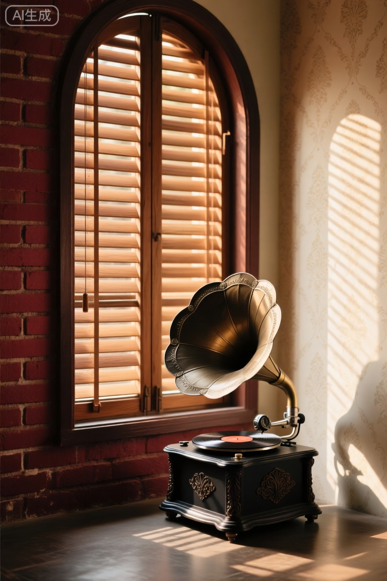GYMX,图像描绘的是一台复古的黑色留声机放置在一扇复古的拱形窗户前。窗户上装有木质百叶窗,百叶窗半掩着,透出室内的暖光。留声机的喇叭口圆润,机身有着精美的雕花。窗户左侧的墙是深红色的砖墙,有着复古的韵味,右侧的墙壁是米白色的壁纸墙,上面有着淡雅的花纹。留声机和窗框的阴影被投射在地面和墙壁上,阳光从右侧照射过来,在留声机表面形成柔和的光影,仿佛能让人听到那悠扬的老唱片声音,场景充满了怀旧的气息,像是一个充满故事的复古音乐室。
