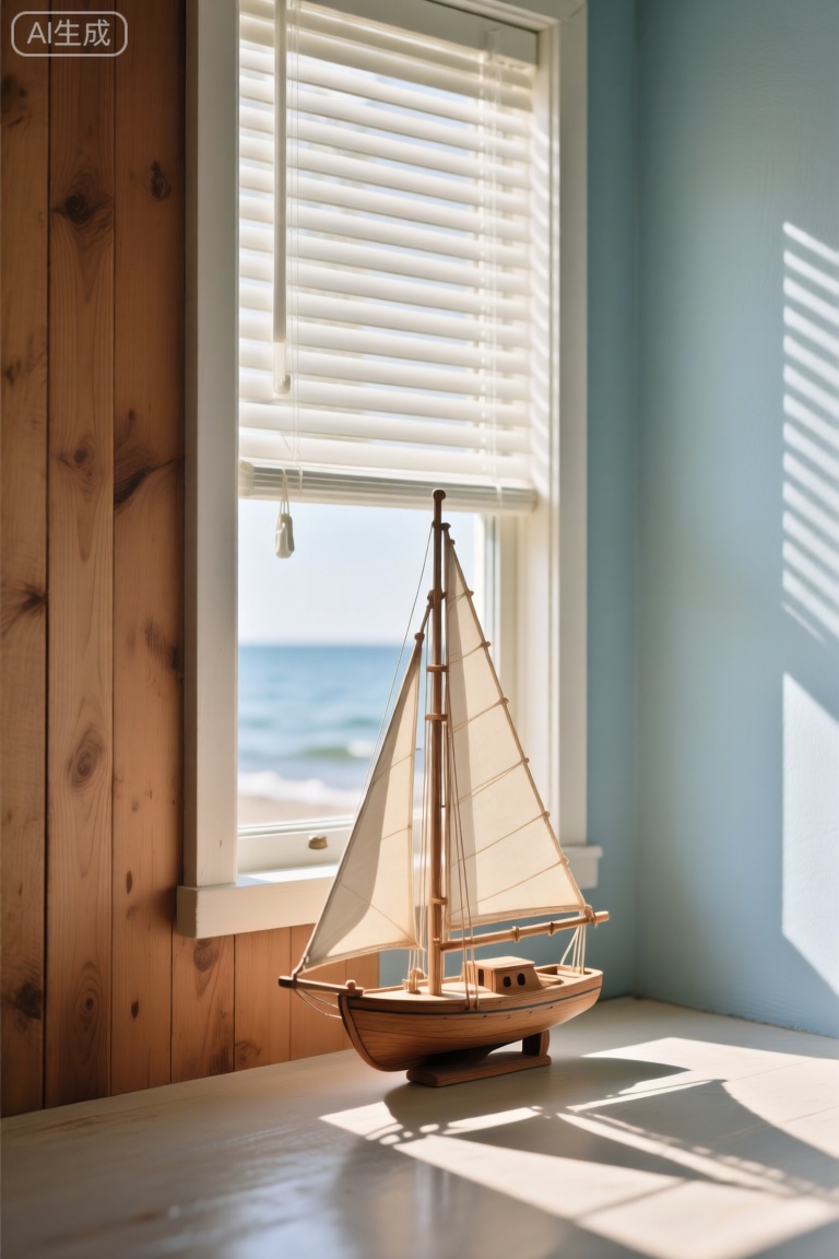 GYMX,画面里是一艘木质的小帆船模型摆放在一扇狭长的窗户前。窗户上挂着白色的百叶窗,部分百叶窗被拉开,透出外面的光线。小帆船模型制作精巧,船帆高高扬起。窗户左侧的墙是浅棕色的木质墙板,有着自然的木纹,右侧的墙壁是淡蓝色的乳胶漆墙面,清新宜人。小帆船模型和窗框的阴影被印在地面和墙壁上,阳光从右上方斜照,在帆船上形成明暗层次,营造出一种宁静而悠远的航海氛围,仿佛让人置身于海边的小屋中。
