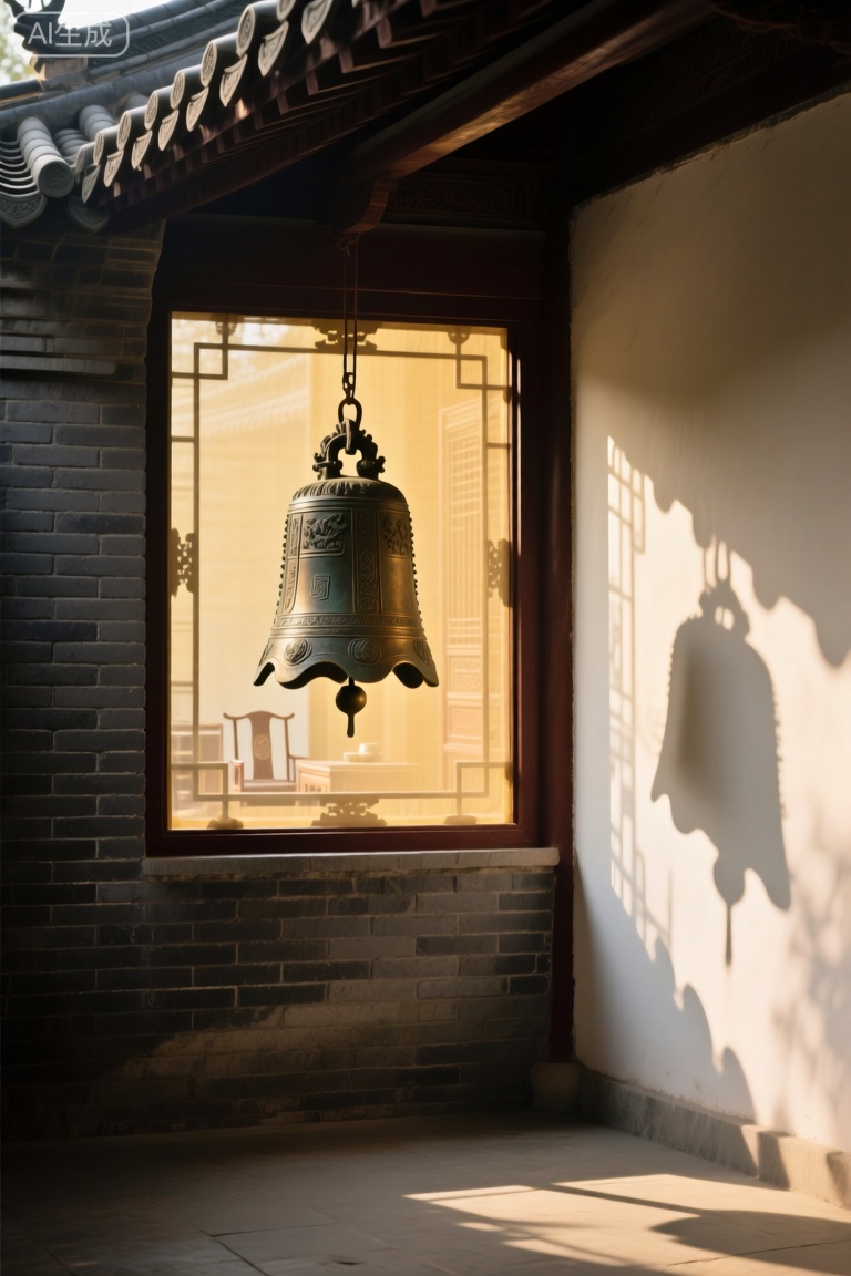 GYMX,画面中是一口古朴的青铜古钟悬挂在一座中式飞檐建筑的窗户前。窗户上糊着淡黄色的窗纸,透过窗纸隐约可见室内的陈设。古钟造型庄重,钟身上雕刻着精美的纹饰。窗户左侧的墙是深灰色的砖墙,有着历史的厚重感,右侧的墙壁是白色的粉墙,与古钟形成鲜明对比。古钟和窗框的阴影被拉长在地面和墙壁上,阳光从左上方洒下,给古钟镀上一层金色的光辉,营造出一种庄严肃穆又神秘的氛围,仿佛置身于古老的寺庙之中。
