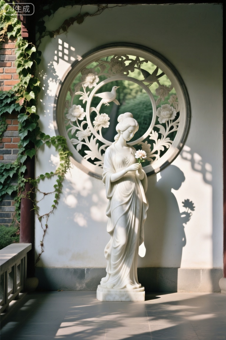 GYMX,画面里是一尊洁白的汉白玉雕像矗立在圆形镂空花窗前。花窗上雕刻着精美的花鸟图案,阳光透过花窗洒下,形成斑驳的光影。雕像是一位身姿婀娜的少女,她微微低头,手中似乎捧着一朵花,神情温柔而宁静。花窗左侧的墙是爬满爬山虎的砖墙,绿意盎然,右侧的墙壁是浅灰色的石墙,质感厚重。雕像和花窗的影子被印在地面和墙壁上,随着光线的变化而移动,给人一种时光流转的感觉,整个场景宛如一座静谧的园林中的艺术角落。
