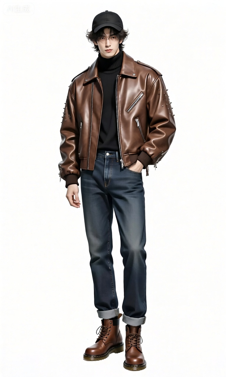 RWLH,画面呈现了一位男性处于纯白背景之中。他身着一件复古风格的棕色皮夹克,夹克上有一些精致的金属拉链和铆钉装饰,增添了硬朗的气质。内搭一件黑色的高领毛衣,既保暖又时尚。下身搭配一条深蓝色的牛仔裤,裤腿微微卷起,露出脚踝。他脚穿一双棕色的马丁靴,鞋带系得整齐。头发是稍长的微卷造型,显得个性十足。他戴着一顶黑色的棒球帽,帽檐微微下压。一只手插在夹克口袋,另一只手自然垂下,身体微微侧向一边。
