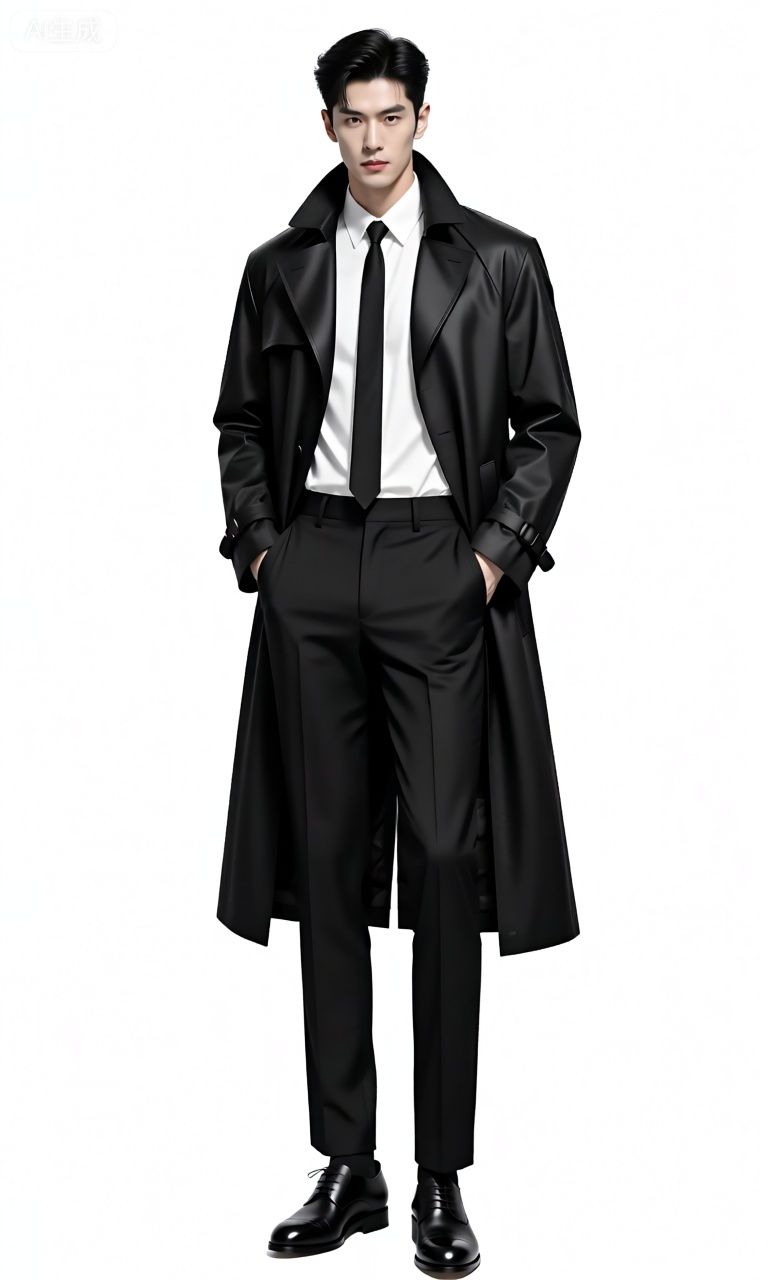 RWLH,画面呈现了一位男性处于纯白背景之中。他身着一件黑色的长款风衣,风衣的版型挺括,线条简洁流畅。风衣的领口是立领设计,显得十分帅气。内搭一件白色的衬衫,领口系着一条黑色的领带,增添了几分正式感。下身搭配一条黑色的西裤,裤线笔直。他脚穿一双黑色的皮鞋,鞋面光亮。头发是整齐的背头造型,显得成熟稳重。他双手插在风衣口袋,目光坚定地看向前方。
