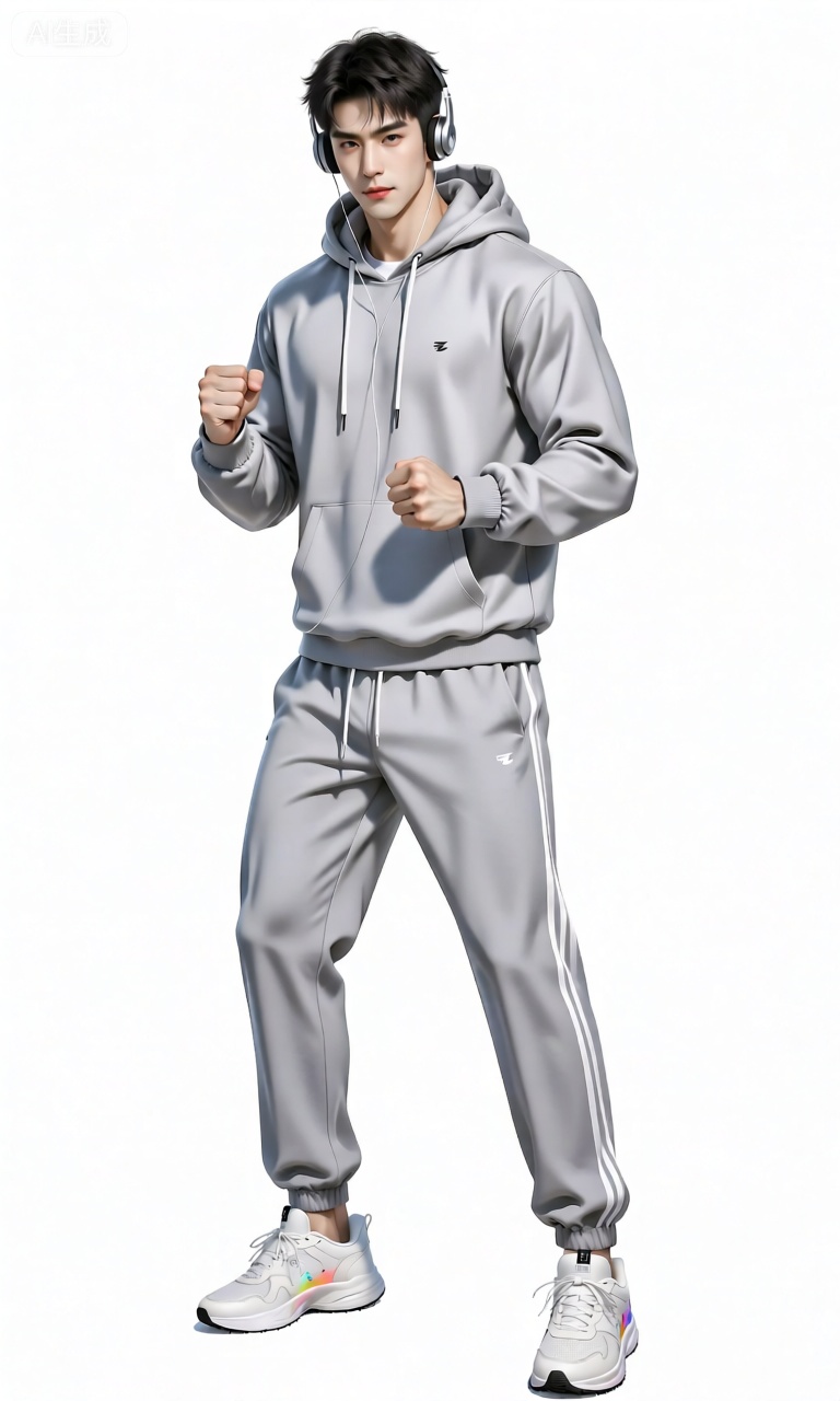 RWLH,画面里是一位男性立于纯白背景之上。他穿着一套浅灰色的运动套装,上衣是连帽设计,帽子上有白色的抽绳。衣服的胸前有一个小小的品牌标志,增添了一些细节感。下身是同色系的运动长裤,裤腿两侧有白色的条纹装饰。他脚穿一双白色的运动鞋,鞋面上有一些彩色的点缀。头发是清爽的短发,显得活力四射。他戴着一副运动耳机,耳机线垂在胸前。他双手握拳,做出一个准备运动的姿势,身体微微前倾。
