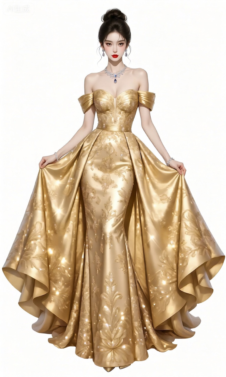 RWLH,图像中是一位女子站在白色背景前。她穿着一件华丽的金色晚礼服,礼服采用了抹胸设计,展现出优美的肩部和颈部线条。裙身布满了精致的刺绣花纹,在灯光下闪烁着光芒。腰部有收腰设计,凸显出纤细的腰肢,裙摆则是夸张的大裙摆,如同绽放的花朵。她的头发高高盘起,形成一个优雅的发髻,几缕碎发垂在脸颊两侧。她佩戴着一套璀璨的钻石首饰,包括项链、耳环和手链。妆容浓重,涂着鲜艳的红色唇膏。她双手轻轻提起裙摆,微微屈膝,做出一个优雅的姿势。
