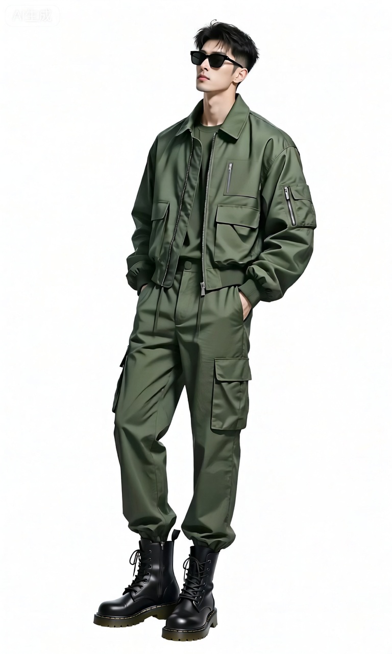 RWLH,画面里是一位男性立于纯白背景之上。他穿着一套军绿色的工装套装,上衣是宽松的夹克款式,有多个口袋和拉链设计,增添了实用性和时尚感。下身是同色系的工装长裤,裤腿两侧有大口袋,裤脚可以调节松紧。他脚穿一双黑色的高帮工装靴,鞋带系得紧紧的。头发是稍长的寸头造型,显得硬朗有型。他戴着一副黑色的墨镜,增添了几分神秘感。他双手插在裤兜,身体微微后仰,靠在身后的虚拟物体上。
