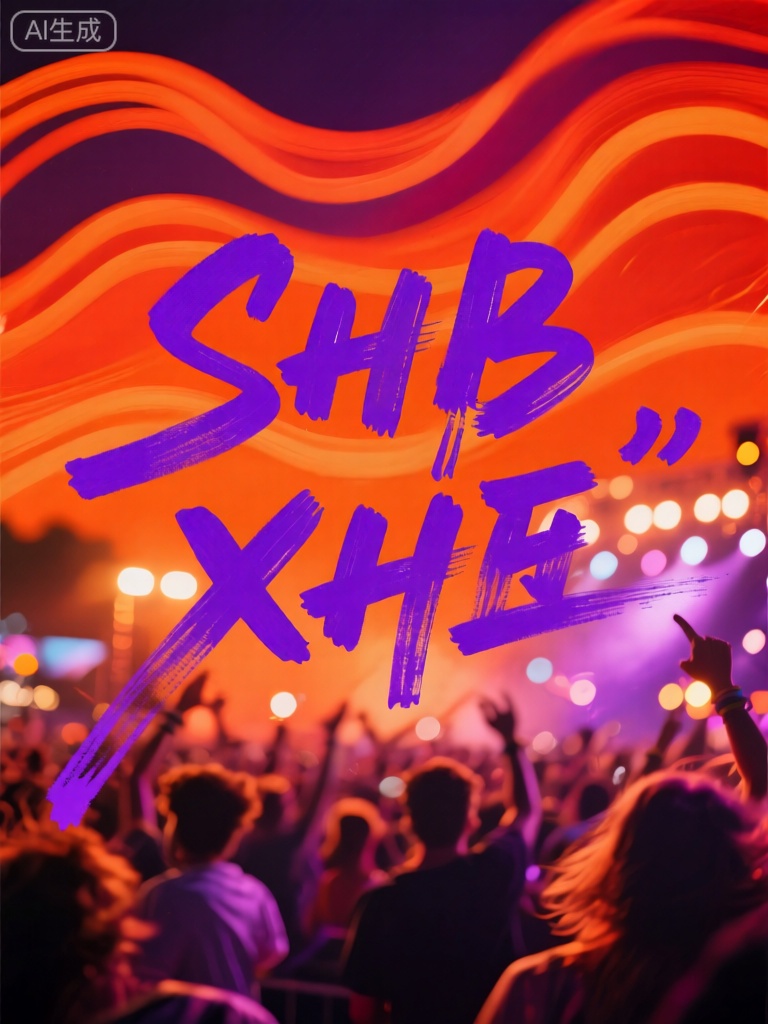 SXHB,该图像拥有洒脱不羁的紫色手写体字符,在热烈氛围的背景中夺目呈现。背景由橙红色与深紫色交织的波浪线条模糊构成,似音乐节现场涌动的人潮与闪烁的灯光,营造出强烈的动感与激情。字符以随性、灵动的笔触书写,粗细变化丰富,仿佛随着音乐的节奏跳跃。整体构图传递出音乐节狂欢中无拘无束、尽情释放的畅快感。

