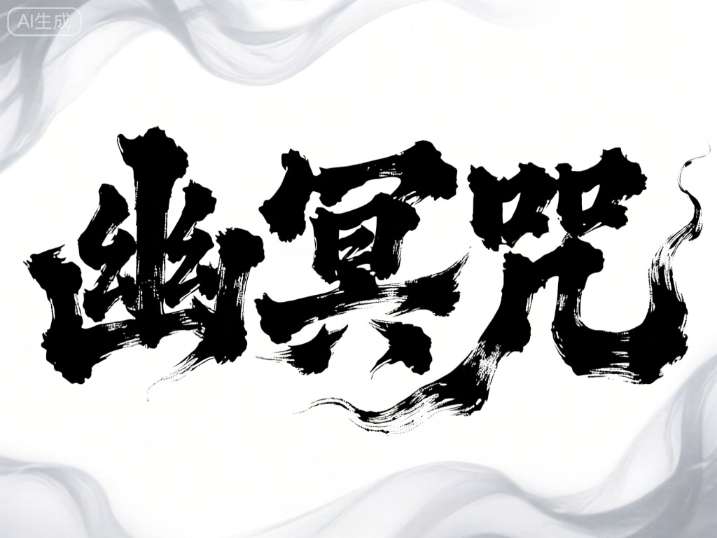 MBZT,该图像以奇幻诡谲的动态笔触风格,呈现四个神秘莫测的中文字——“幽冥咒”（yōu míng zhòu）。笔触如幽灵飘荡,虚幻缥缈,有着不同的密度和纹理,营造出一种神秘恐怖的氛围。背景纯白似雾,让黑色文字如幽冥之语,令人毛骨悚然。
