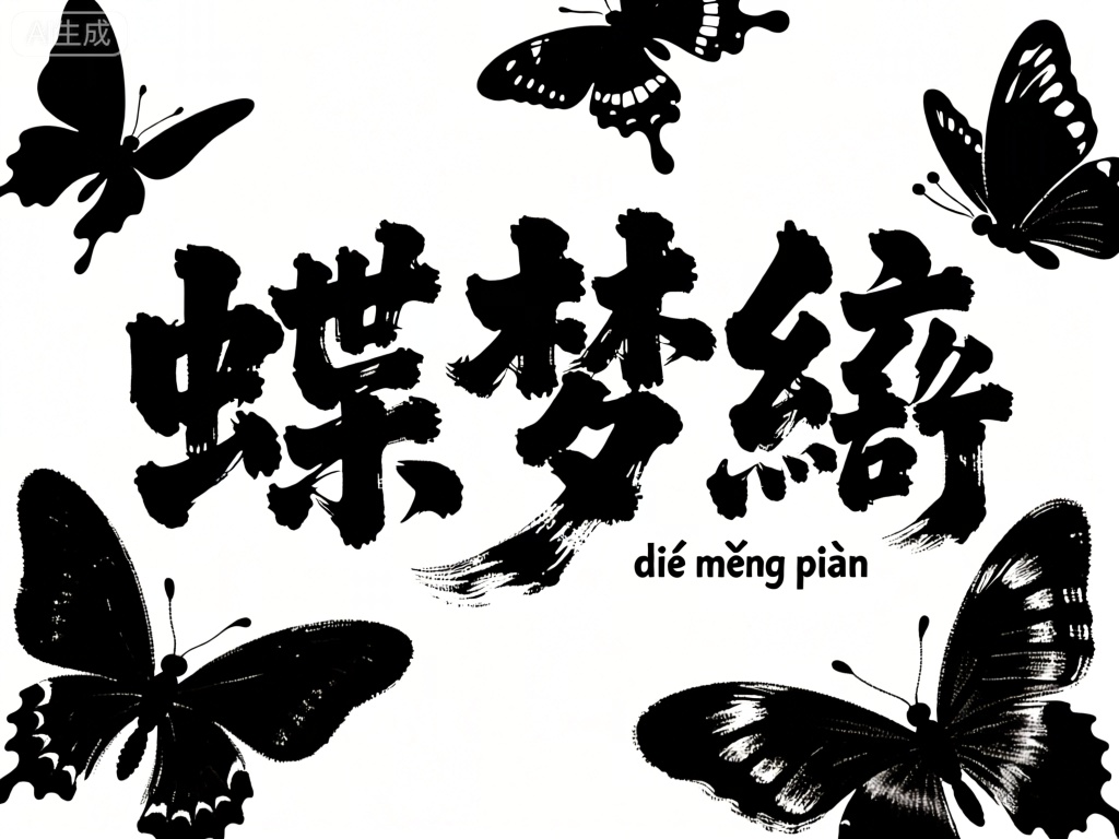 MBZT,该图像以活泼俏皮的动态笔触风格,书写四个生机勃勃的中文字——“蝶梦翩”（dié mèng piān）。笔触如蝴蝶飞舞,灵动活泼,有着不同的密度和纹理,仿佛能感受到蝴蝶在花丛中嬉戏的快乐。背景纯白如纸,使黑色文字如蝶影蹁跹,充满了童趣和生机。
