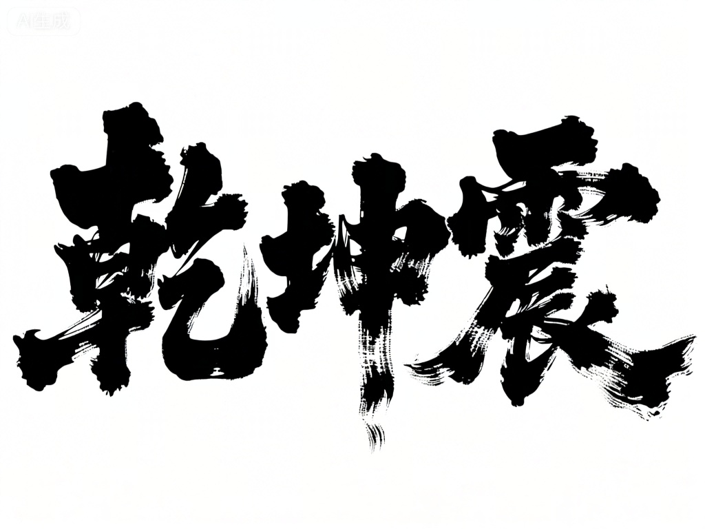 MBZT,该图像以磅礴大气的动态笔触风格,书写四个威震四方的中文字——“乾坤震”（qián kūn zhèn）。笔触如雷霆万钧,有着强烈的视觉冲击力,不同的密度和纹理营造出一种天地震荡的氛围。背景是纯净的白色,使黑色文字更加威严庄重,令人敬畏。
