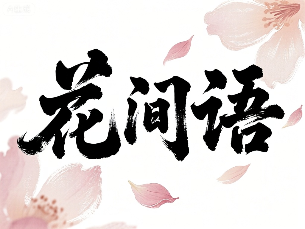 MBZT,此图像以细腻柔和的动态笔触风格,绘就三个温婉秀丽的中文字——“花间语”（huā jiān yǔ）。笔触如花瓣飘落,轻盈细腻,不同的密度和纹理展现出一种花间的浪漫氛围。背景是简洁的白色,衬托得黑色文字如花中精灵,婉约动人。
