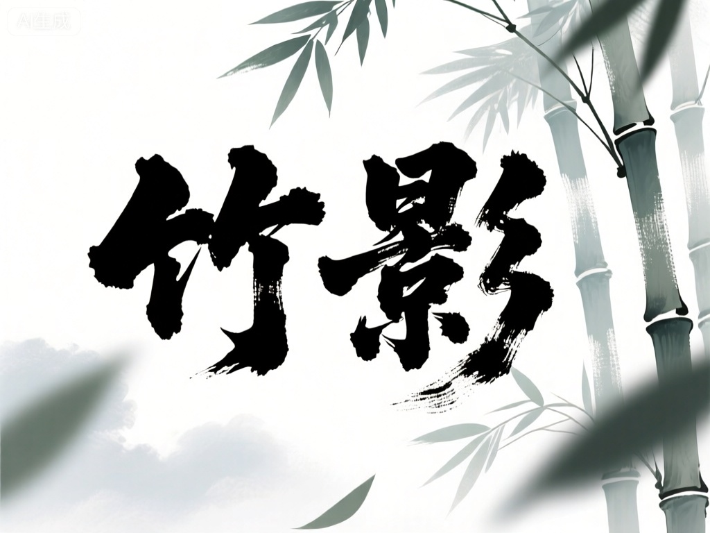 MBZT,该图像以轻盈灵动的动态笔触风格,呈现两个字清新雅致的中文字——“竹影”（zhú yǐng）。笔触如微风拂过竹林,轻盈飘逸,有着不同的密度和纹理,仿佛能看到竹叶在风中摇曳的身影。背景纯白似云,让黑色文字如竹影婆娑,充满了自然的诗意。
