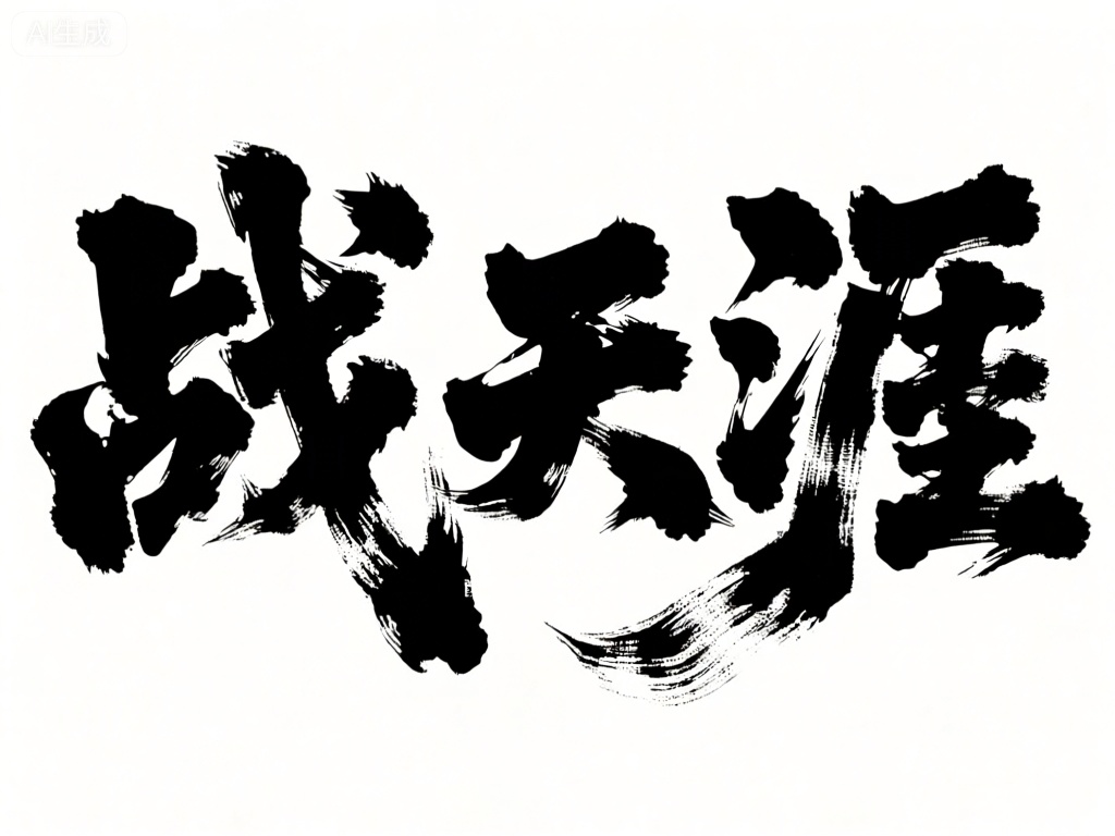 MBZT,此图像以雄浑壮阔的动态笔触风格,绘就三个豪迈洒脱的中文字——“战天涯”（zhàn tiān yá）。笔触如战戟挥舞,刚劲有力,不同的密度和纹理展现出一种勇往直前的战斗精神。背景纯白如练,衬托得黑色文字如勇士出征,气吞山河。
